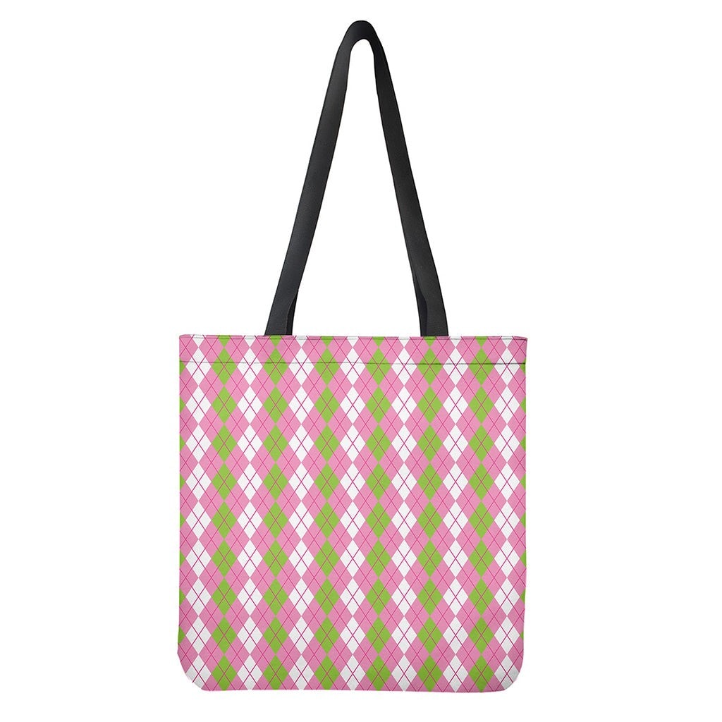 White Pink Green Argyle Print Polyester Tote Bag Double-Sided