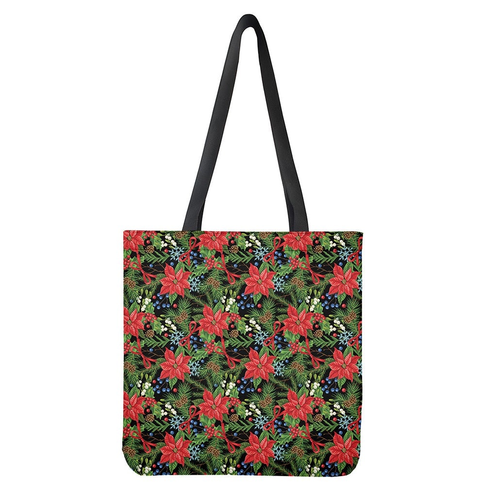 Xmas Poinsettia Pattern Print Polyester Tote Bag Double-Sided Print